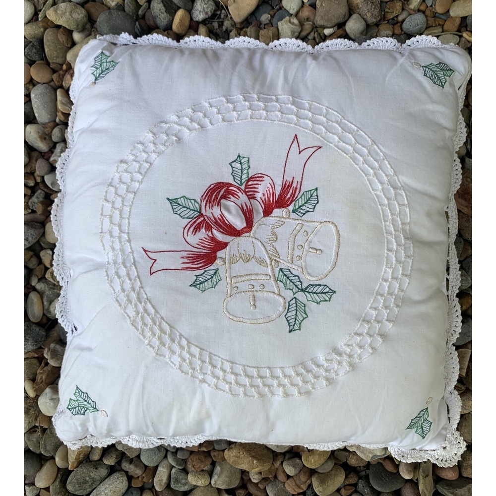 Vintage Christmas Bells Holly Embroidered Decorative Pillow Lace Trim